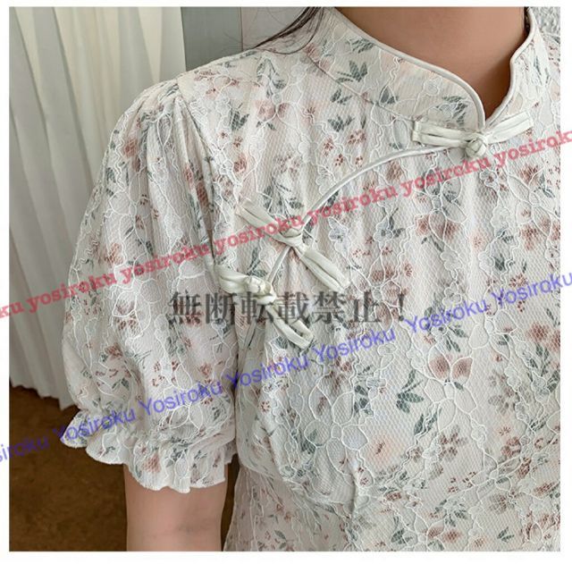 上品感合繊レース チャイナ風花柄レースドレスワンピース