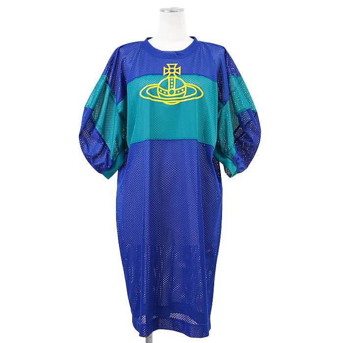 Vivienne Westwood Red Label ヴィヴィアンウエストウッド レッドレーベル メッシュワンピース オーブプリント フットボール ハーフスリーブ トップス レディース 00 ブルー グリーン イエロー 青 緑 黄色