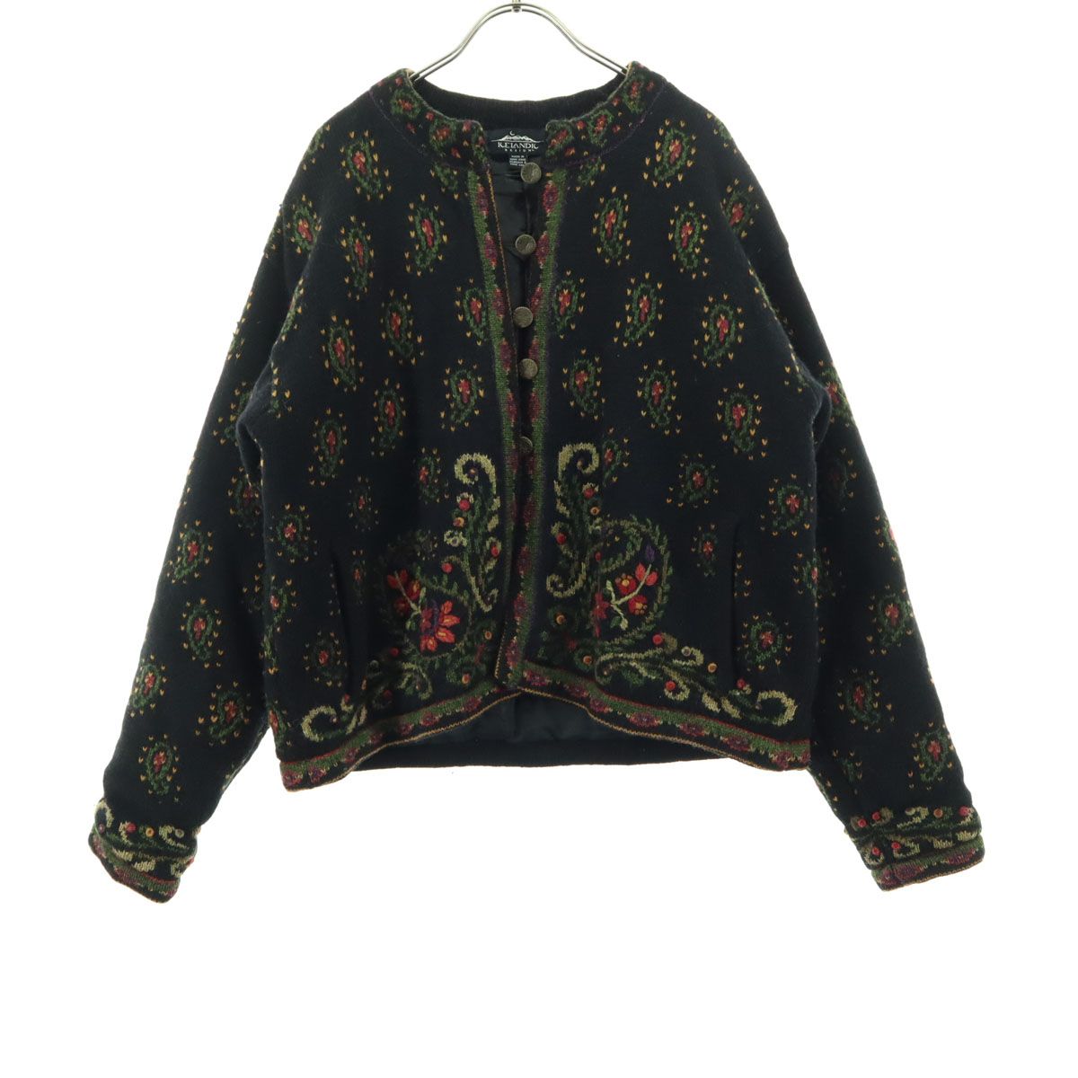 ICELANDIC DESIGN アイスランディックデザイン ウール ペイズリー柄 長袖 ノーカラー ニット カーディガン L 中綿入り レディース 小売 ICELANDIC DESIGN アイスランディックデザイン ウール ペイズリー