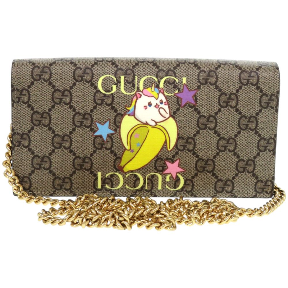 ♥ グッチ チェーンウォレット レインボーばなにゃ コラボ 701061 2149 GGスプリーム ベージュ 長財布 1669 GUCCI