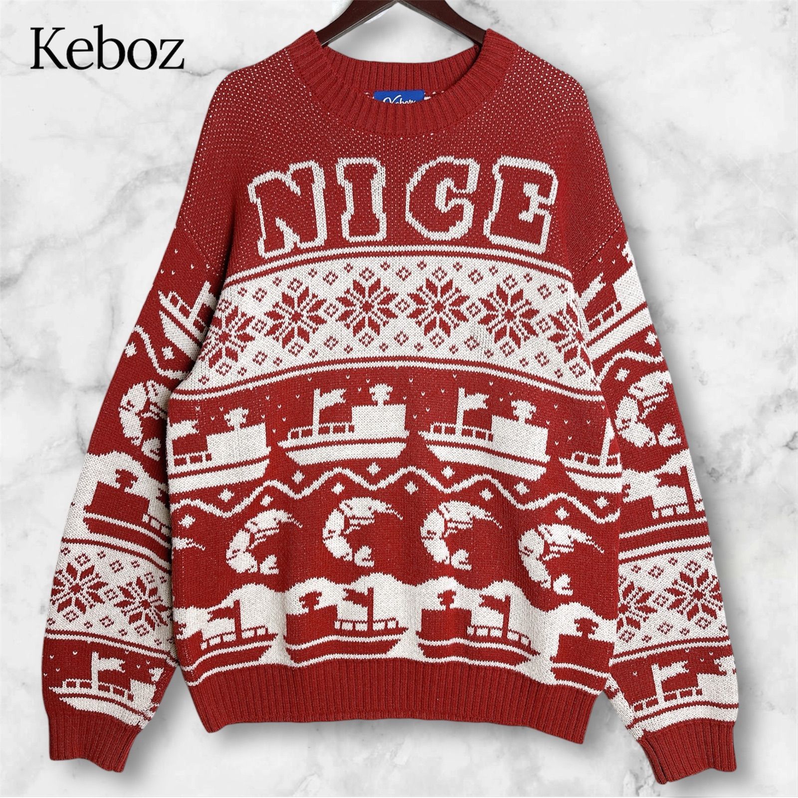 Keboz NICE クルーネック ニットセーター 船柄 シュリンプ柄 コットン 