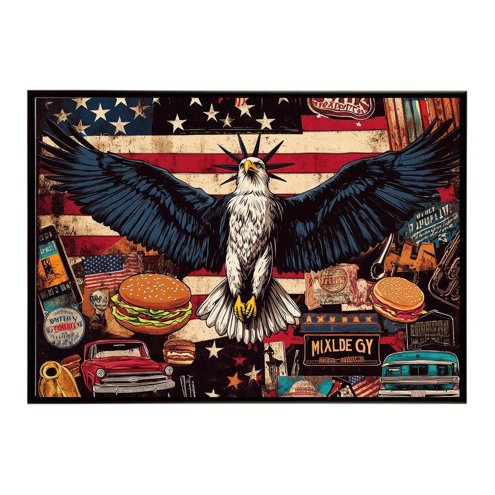 【B1サイズ（約73x103cm）】【lh-poster-8659】【フレーム付き】アメリカン＆イーグル 国旗 鷹 鷲 トンビ 星条旗 フラッグ アメリカ アートポスター インテリア アメリカンレトロ インダストリア