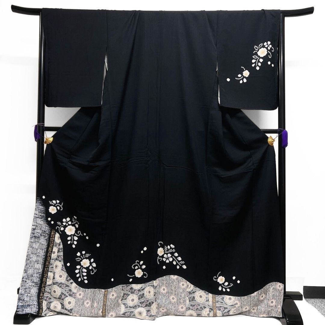 付け下げ 金彩 辻ヶ花 藤の花 桜花 黒地 着物 122b p ms - メルカリ
