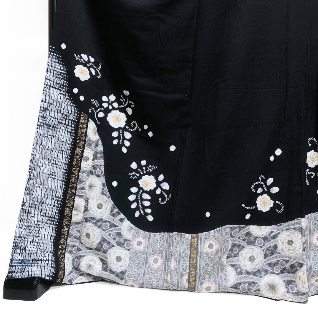 付け下げ 金彩 辻ヶ花 藤の花 桜花 黒地 着物 122b p ms - メルカリ