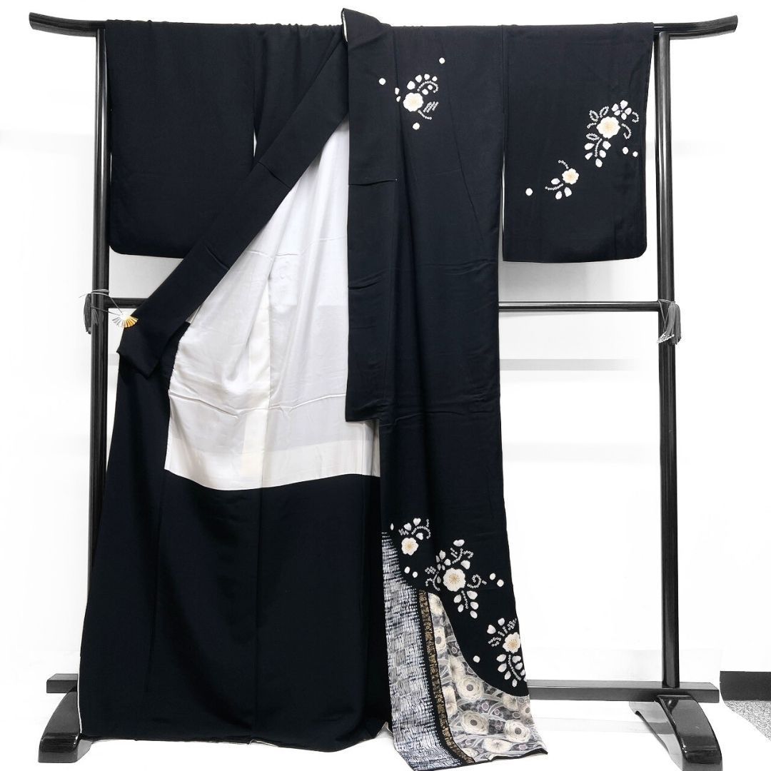 付け下げ 金彩 辻ヶ花 藤の花 桜花 黒地 着物 122 b p ms