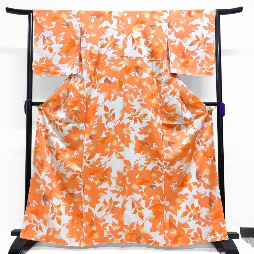 未着用 小紋 白地 木の葉模様 リーフ 着物 122 b p ms