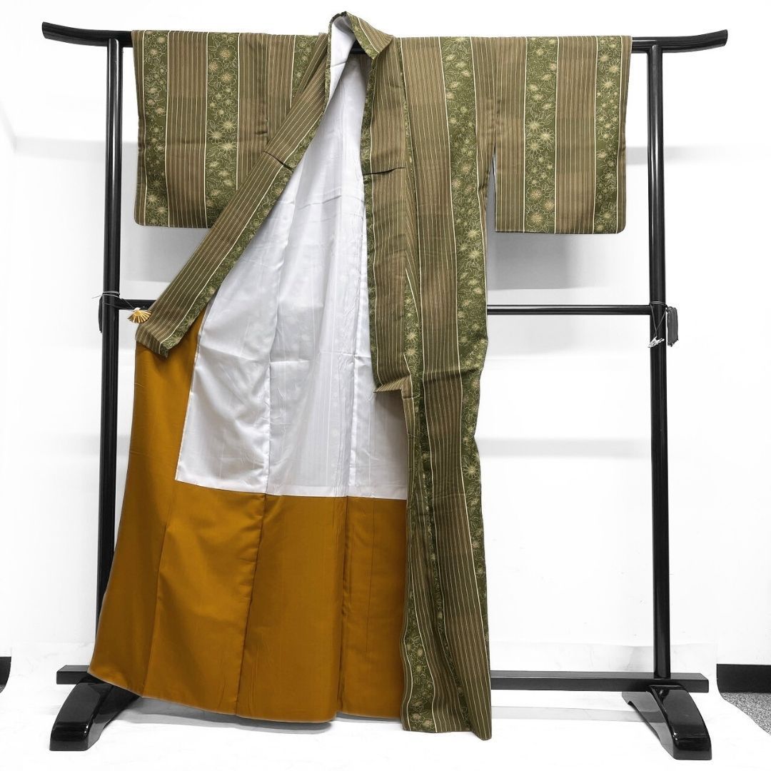  洗える着物 小紋 縦縞 花模様 鶯色 着物 122 b p ms 小紋 着物