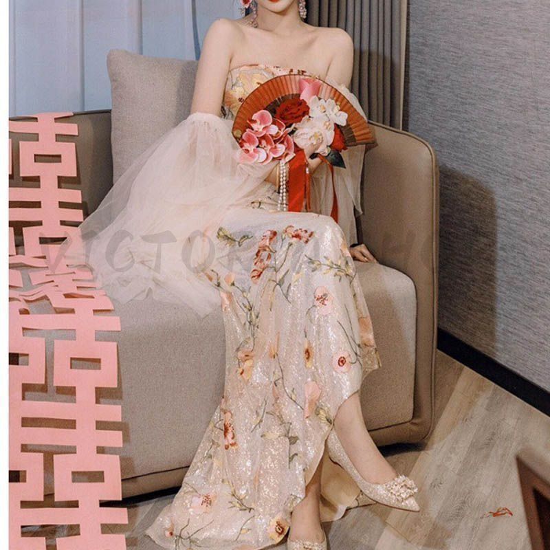 ドレス ウエディングドレス ロングドレス パーティードレス 花刺繍 オフショルダー 袖付き シースルー袖 お呼ばれ 二次会 披露宴 フィッシュテール タイト かわいい 1236