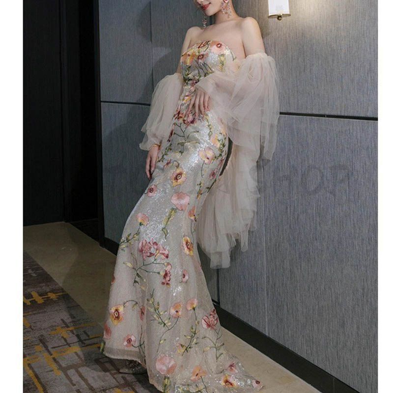 ドレス ウエディングドレス ロングドレス パーティードレス 花刺繍 オフショルダー 袖付き シースルー袖 お呼ばれ 二次会 披露宴 フィッシュテール タイト かわいい 1236