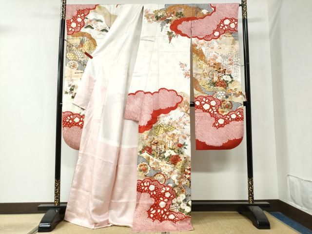 平和屋着物○豪華振袖 駒刺繍 絞り 御所車雪輪鴛鴦花文 金彩 正絹 逸品