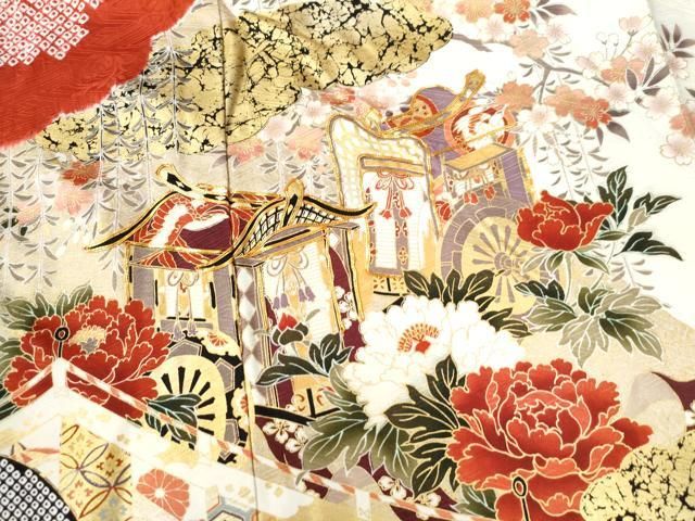 平和屋着物○豪華振袖 駒刺繍 絞り 御所車雪輪鴛鴦花文 金彩 正絹 逸品