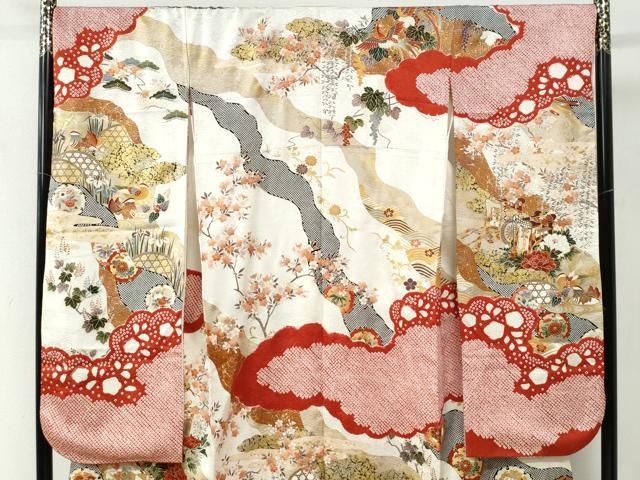 平和屋着物○豪華振袖 駒刺繍 絞り 御所車雪輪鴛鴦花文 金彩 正絹 逸品