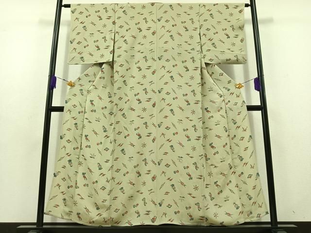 平和屋着物▽上質な小紋　単衣　型染め　人物文　鬼しぼ縮緬　正絹　逸品　AABD9426jh 平和屋着物▽上質な小紋 単衣 型染め 人物文 鬼しぼ縮緬 正絹 逸品