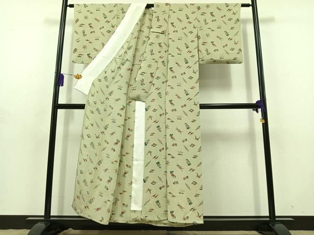 平和屋着物▽上質な小紋　単衣　型染め　人物文　鬼しぼ縮緬　正絹　逸品　AABD9426jh 平和屋着物▽上質な小紋 単衣 型染め 人物文 鬼しぼ縮緬 正絹 逸品