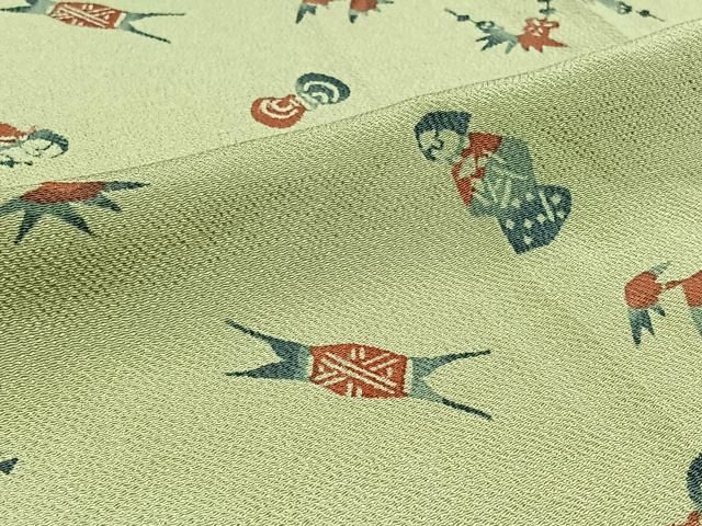 平和屋着物▽上質な小紋 単衣 型染め 人物文 鬼しぼ縮緬 正絹 逸品