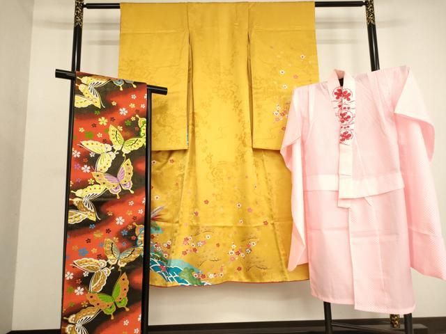 平和屋着物 七五三 女の子 ７歳 祝着 四つ身 長襦袢 無双仕立て 袋帯セット 松竹梅尾長鳥文 金彩 ja