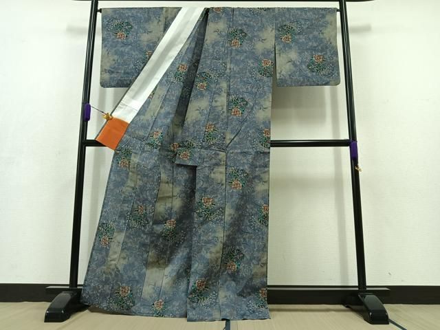 平和屋着物 上質な紬 単衣 草花文 正絹 jh