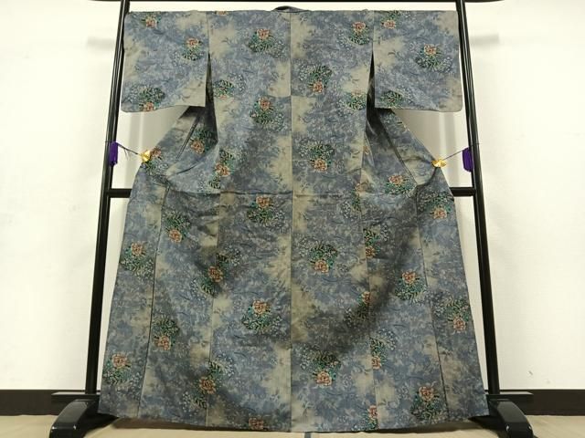 平和屋着物 上質な紬 単衣 草花文 正絹 jh