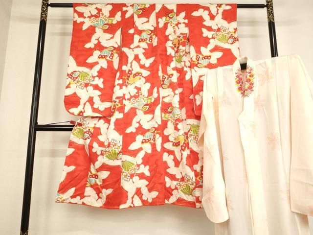 平和屋着物 七五三 女の子 ７歳 祝着 四つ身 長襦袢 無双仕立て セット 舞蝶文 金彩 ja