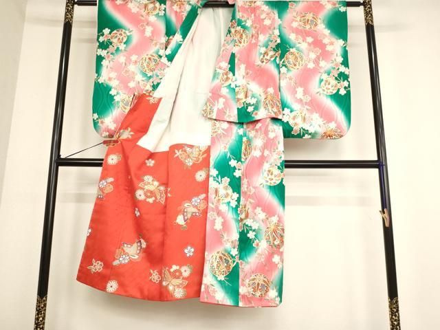 平和屋着物 七五三 女の子 ７歳 祝着 四つ身 桜手毬文 暈し染め 金彩 ja