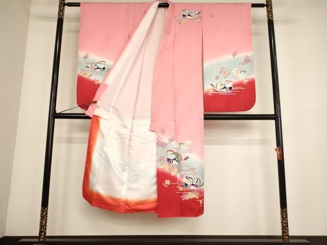 平和屋着物 七五三 女の子 ７歳 祝着 四つ身 長襦袢 単衣 セット 鴛鴦花文 暈し染め 金銀彩 ja