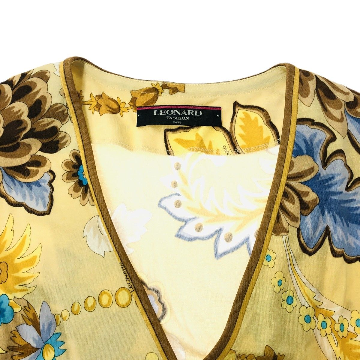 LEONARD レオナール ロングカーディガン サイズ:LL 花柄/金釦 イエロー