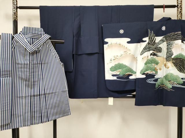 平和屋着物 七五三 男の子 祝着 羽織 行灯袴 帯セット 鷹 鷲 松文 金彩 洗える着物 ma