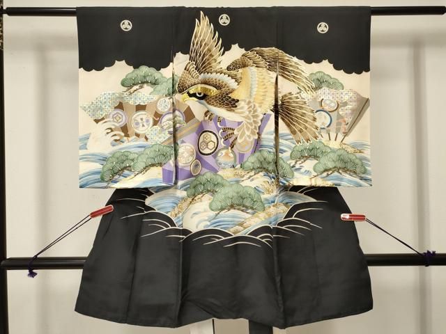 平和屋着物 お宮参り 男の子 祝着 産着 初着 のしめ 駒刺繍 鷹 鷲 立波松文 金彩 ma