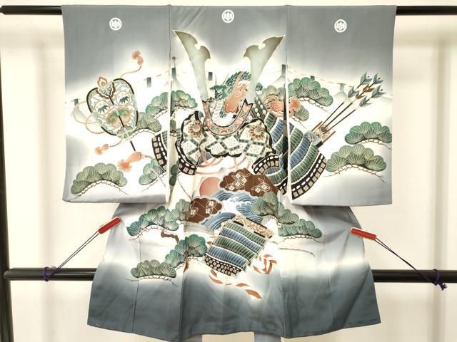 平和屋着物 お宮参り 男の子 祝着 産着 初着 のしめ 駒刺繍 龍 兜 扇面立波松文 暈し染め 金彩 ma