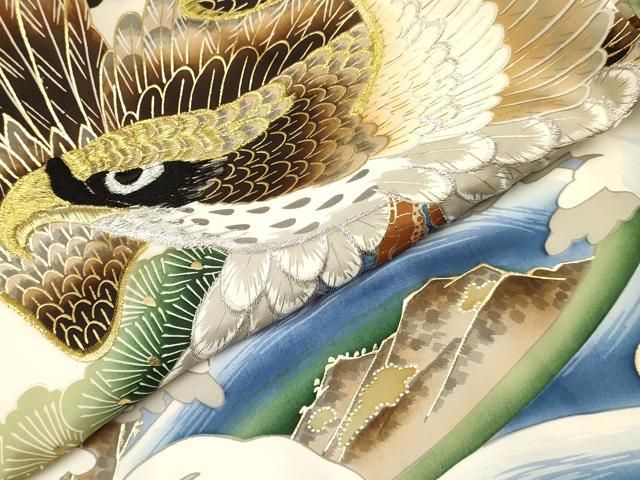  平和屋着物 お宮参り 男の子 祝着 産着 初着 のしめ 刺繍 鷹 鷲 立波松文 金彩 ma 着物 着物ドレス 着物 浴衣 和小物