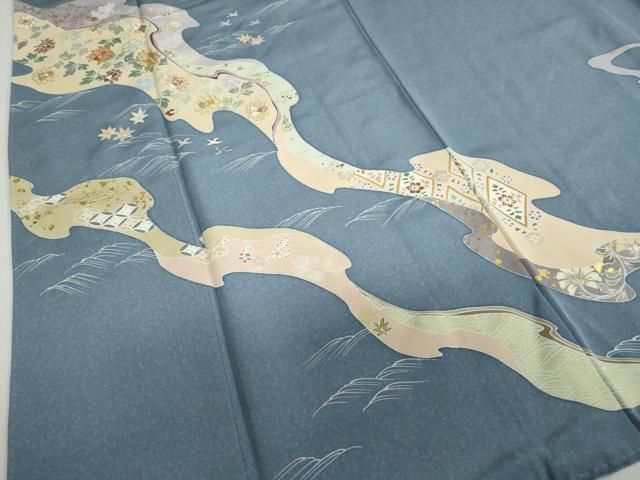 平和屋着物○創業460年・千總 訪問着 立波草花文 紺鼠色 金彩 三越扱い