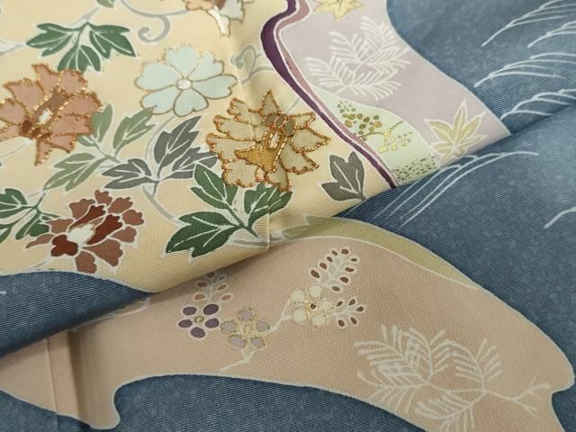 平和屋着物●創業460年・千總　訪問着　立波草花文　紺鼠色　金彩　三越扱い　正絹　逸品　DAAZ7415ud 平和屋着物○創業460年・千總 訪問着 立波草花文 紺鼠色 金彩 三越扱い