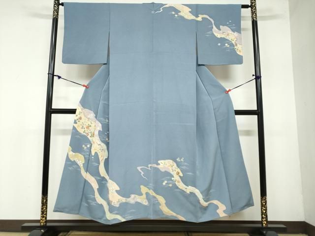 平和屋着物●創業460年・千總　訪問着　立波草花文　紺鼠色　金彩　三越扱い　正絹　逸品　DAAZ7415ud 平和屋着物○創業460年・千總 訪問着 立波草花文 紺鼠色 金彩 三越扱い