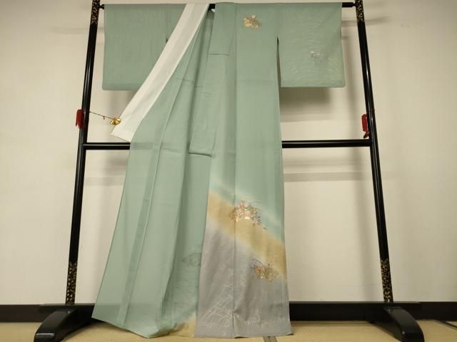 平和屋着物 夏物 紬 絽 刺繍 地紙草花文 暈し染め 金銀彩 正絹 jd