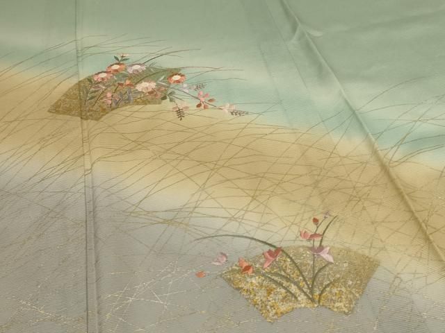  平和屋着物＊夏物 紬 絽 刺繍 地紙草花文 暈し染め 金銀彩 正絹 jd 紬 着物