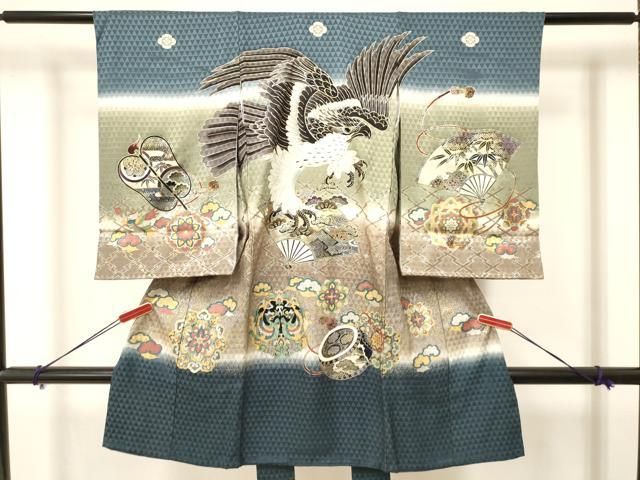 平和屋着物 お宮参り 男の子 祝着 産着 初着 のしめ 駒刺繍 鷹 鷲 鼓花松文 暈し染め 金銀彩 ma