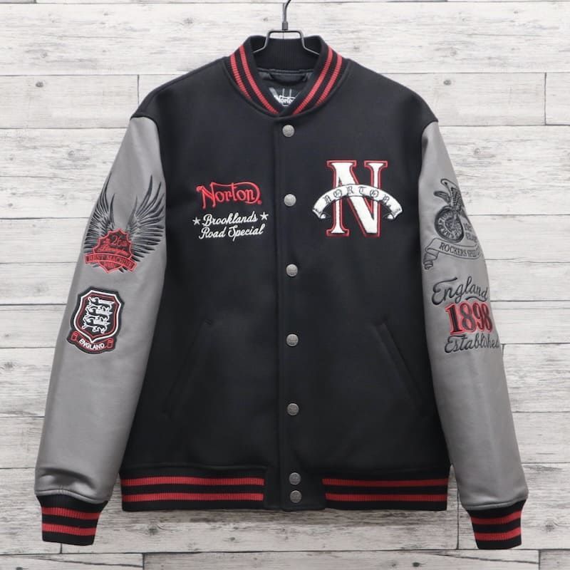 メンズ Norton ノートン 服 スタジャン アウター スタジアム ジャンパー ロゴ エンブレム 刺繍 サガラ刺繍 ワッペン 中綿 中わた 黒ブラック 大きいサイズ キングサイズ ユニセックス レディース M L XL 3 4
