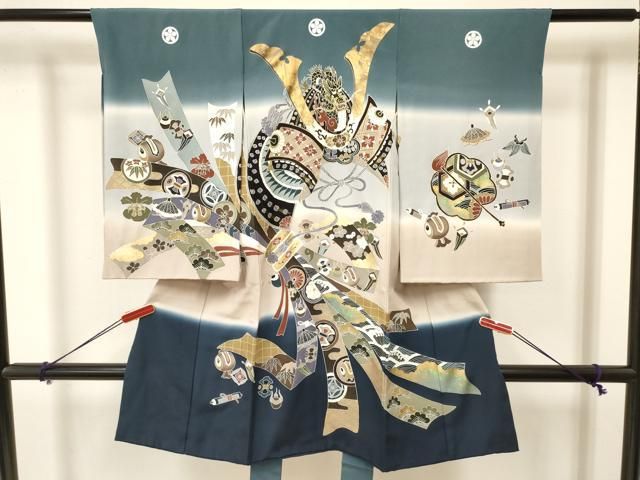 平和屋着物 お宮参り 男の子 祝着 産着 初着 のしめ 駒刺繍 龍 兜 束ね熨斗吉祥文 暈し染め 金銀彩 ma