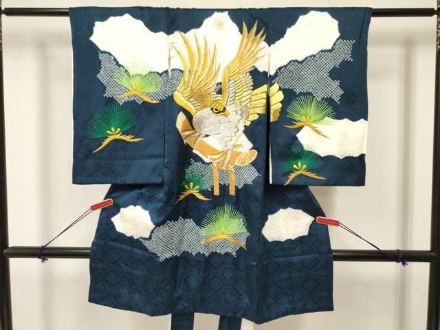 平和屋着物 お宮参り 男の子 祝着 産着 初着 のしめ 刺繍 絞り 鷹 鷲 松文 金銀糸 ma