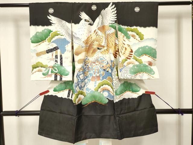 平和屋着物 お宮参り 男の子 祝着 産着 初着 のしめ 駒刺繍 鷹 鷲 誰が袖花松文 暈し染め 銀彩 ma