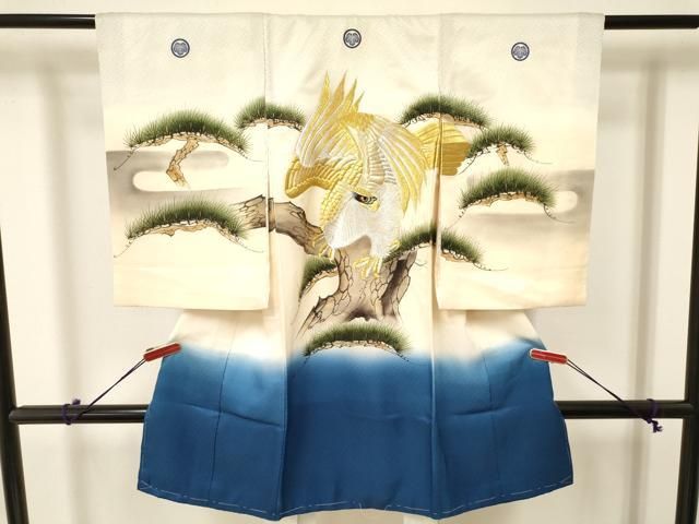 平和屋着物 お宮参り 男の子 祝着 産着 初着 のしめ 刺繍 鷹 鷲 松文 暈し染め 金彩 ma