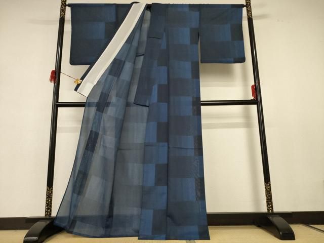 平和屋着物＊夏物 小紋 紗 変わり市松文様 洗える着物 AABD8974jd