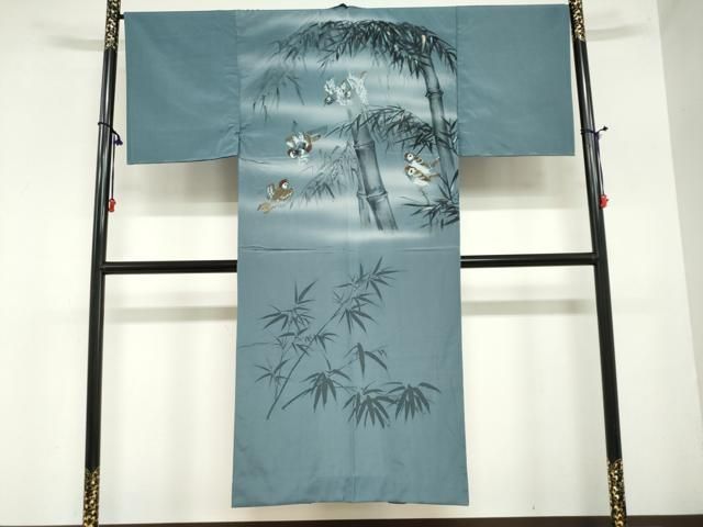 平和屋着物●男性　長襦袢　無双仕立て　手描き　笹竹文　雀　金彩　洗える着物　DAAZ7443ud 平和屋着物○男性 長襦袢 無双仕立て 手描き 笹竹文 雀 金彩 洗える