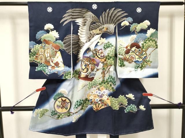 平和屋着物 お宮参り 男の子 祝着 産着 初着 のしめ 鷹 鷲 破れ色紙重ね 源氏車梅松文 暈し染め 金彩 ma