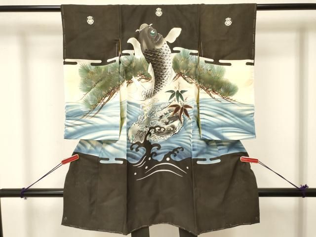 平和屋着物 お宮参り 男の子 祝着 産着 初着 のしめ 駒刺繍 鯉 立波笹松文 暈し染め 金彩 ma
