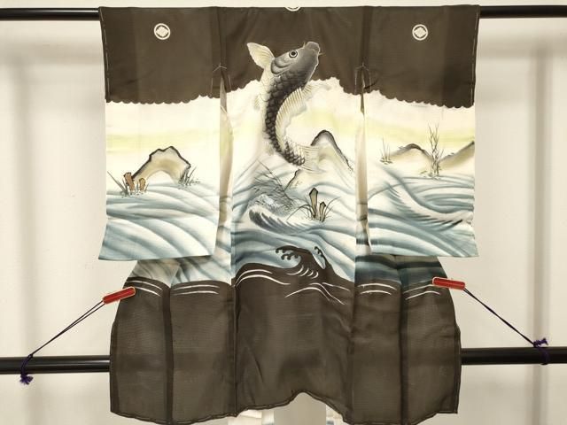 平和屋着物＊夏物 お宮参り 男の子 祝着 産着 初着 のしめ 絽 鯉 立波文 暈し染め 銀彩 ma