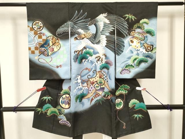 平和屋着物 お宮参り 男の子 祝着 産着 初着 のしめ 鷹 鷲 立波笹松文 暈し染め 金彩 ma