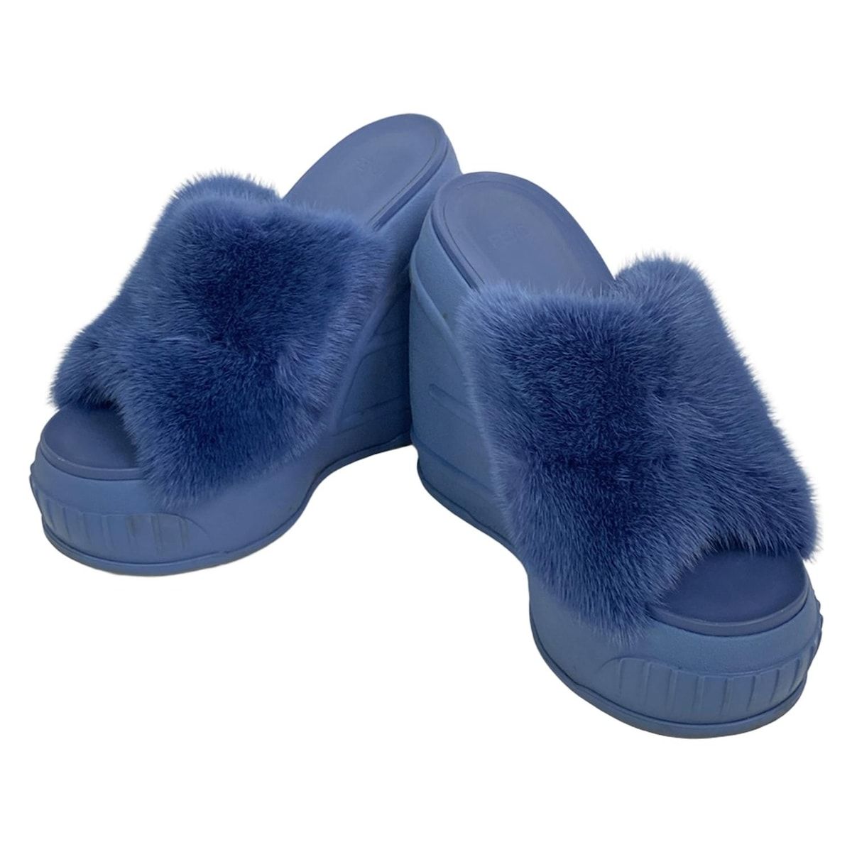 FENDI フェンディ ミュール 37 レディース - ブルーグレー ウェッジソール ファー