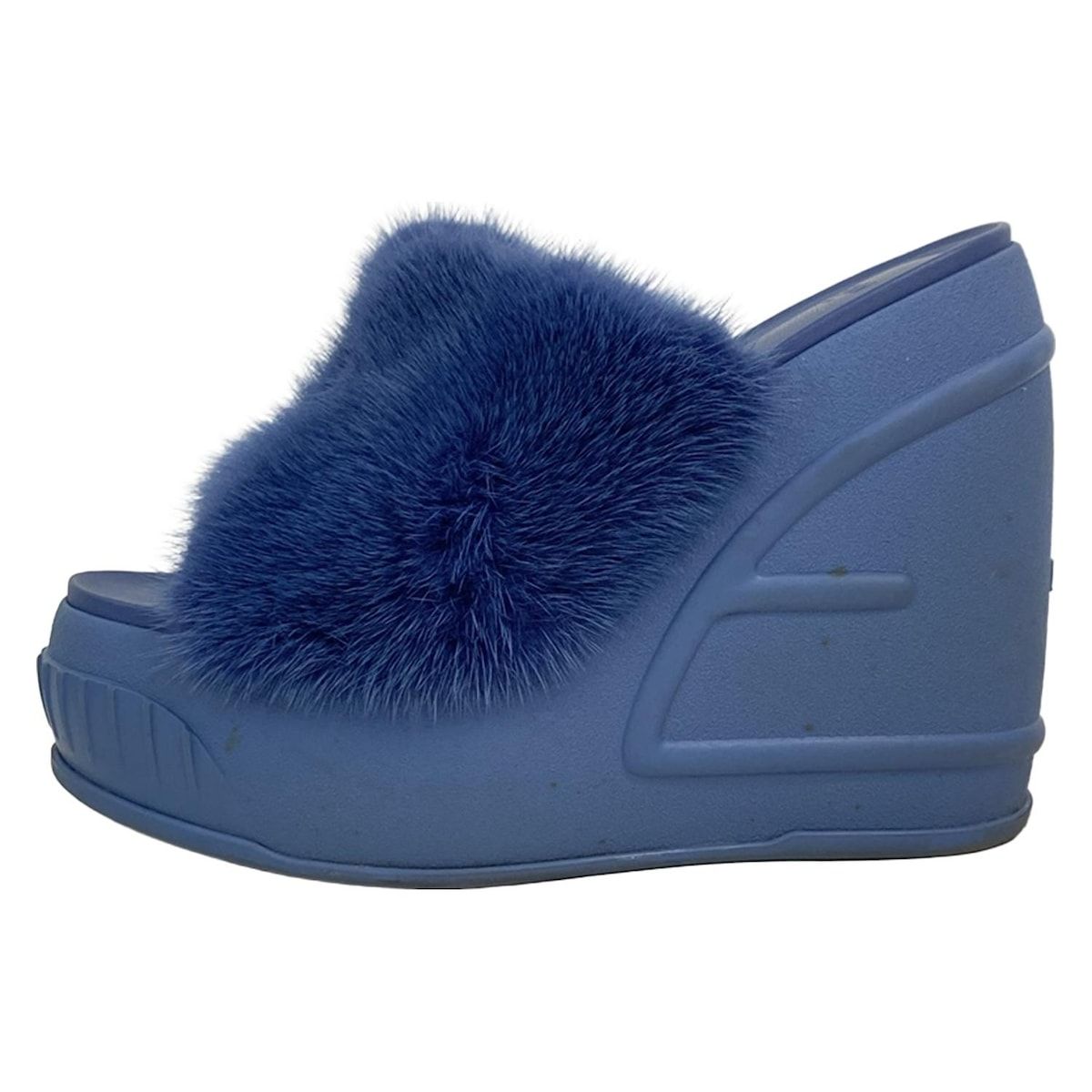 FENDI フェンディ ミュール 37 レディース - ブルーグレー ウェッジソール ファー