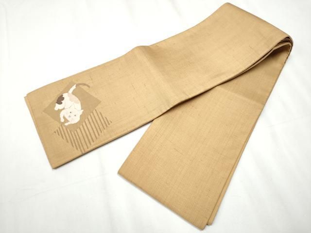平和屋着物●半幅帯 紬地 すくい織 ワンポイント 猫 芝翫茶色 正絹 hy
